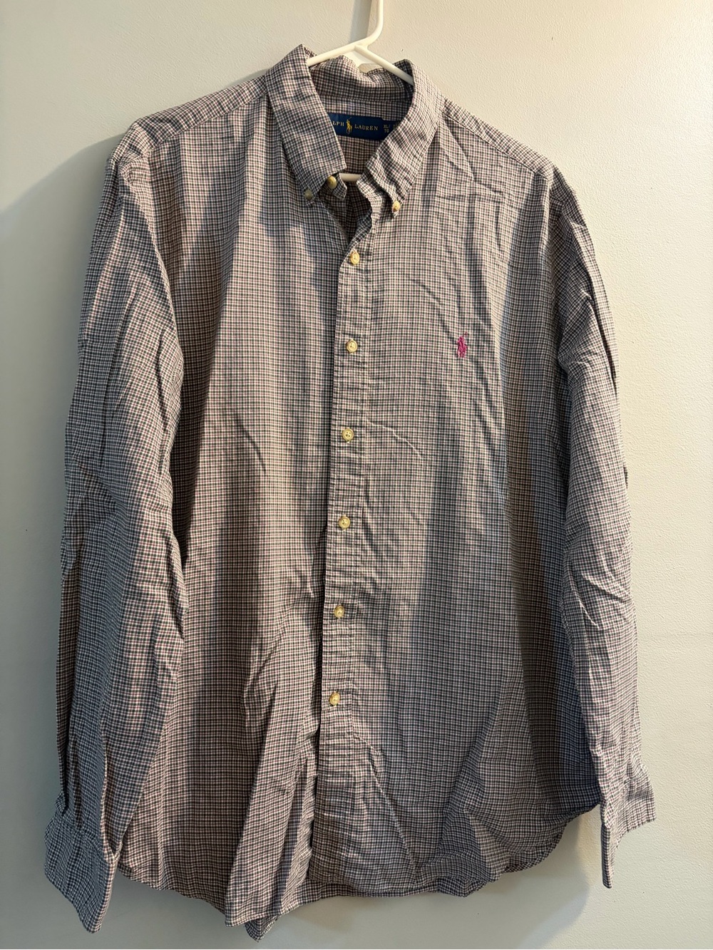 Ralph Lauren Men’s Button-Down Shirt - Blue and White Microcheck with Pink Logo